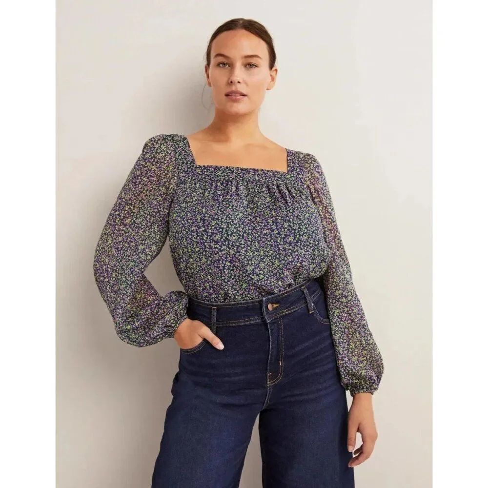 Boden Women Top Blouse Shirt UK 6 US 2 Multi Square Neck Seaweed Wild T1097 NWT